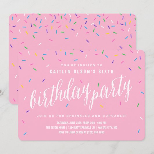 Sprinkle Girl Birthday Party | Roze Kaart (Voorkant / Achterkant)