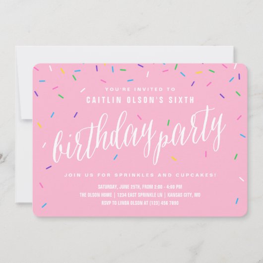 Sprinkle Girl Birthday Party | Roze Kaart (Voorkant)
