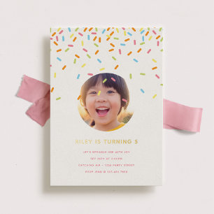 Sprinkle Kids Verjaardagsfeestje Foto Goud Folie Uitnodiging