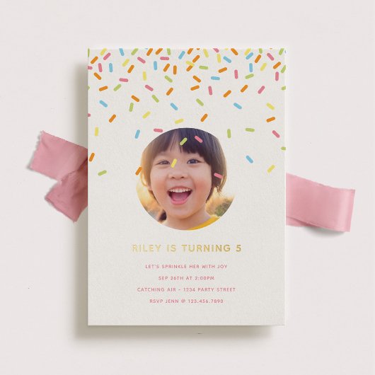 Sprinkle Kids Verjaardagsfeestje Foto Goud Folie Uitnodiging