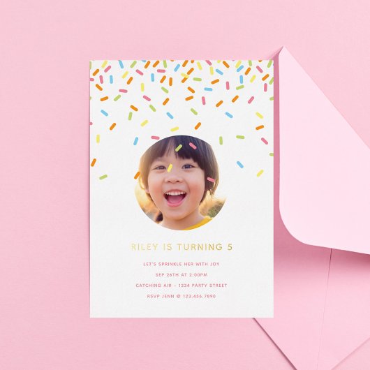 Sprinkle Kids Verjaardagsfeestje Foto Goud Folie Uitnodiging