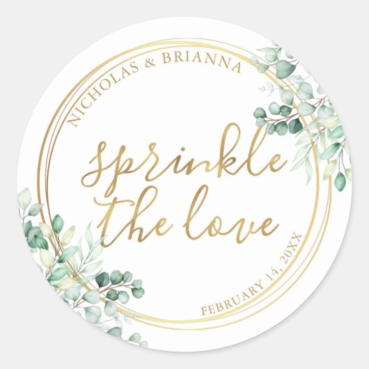 Sprinkle The Love Gold Greenery Eucalyptus Weddens Ronde Sticker (Voorkant)