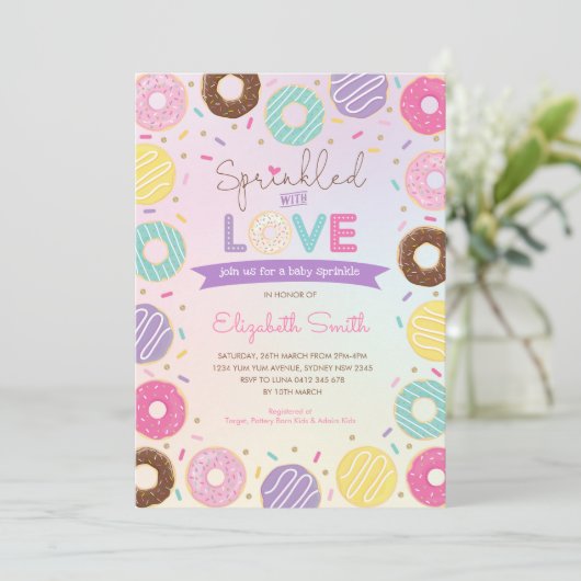 Sprinkle, zoete kleurrijke Doughnuts Girl Baby Spr Kaart (Staand voorkant)