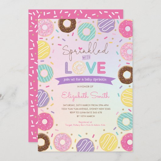 Sprinkle, zoete kleurrijke Doughnuts Girl Baby Spr Kaart (Voorkant / Achterkant)