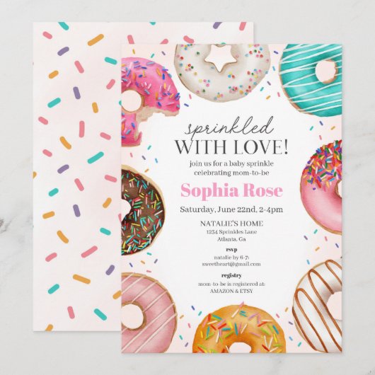 Sprinkled Donut Baby Sprinkle Uitnodiging voor Mei (Voorkant / Achterkant)