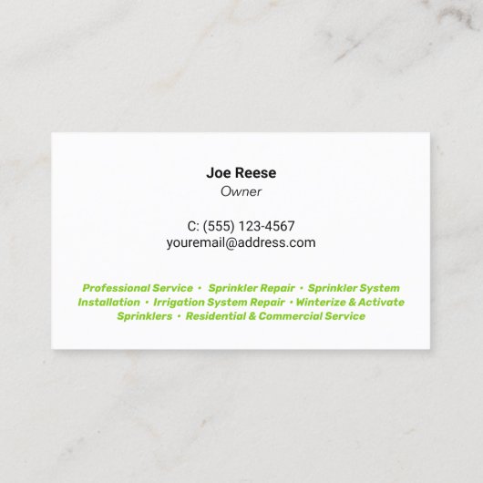 Sprinkler Irrigatie Fitter en Reparatie Visitekaartje (Achterkant)