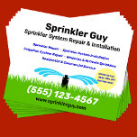 Sprinkler reparatie en installatie flyer<br><div class="desc">Eenvoudige vector logo in blauw en groen van grassproeier spuiten water op gazon ingesloten in water drop outline.</div>