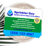 Sprinkler reparatie en installatie flyer<br><div class="desc">Eenvoudige vector logo in blauw en groen van grassproeier spuiten water op gazon ingesloten in water drop outline.</div>