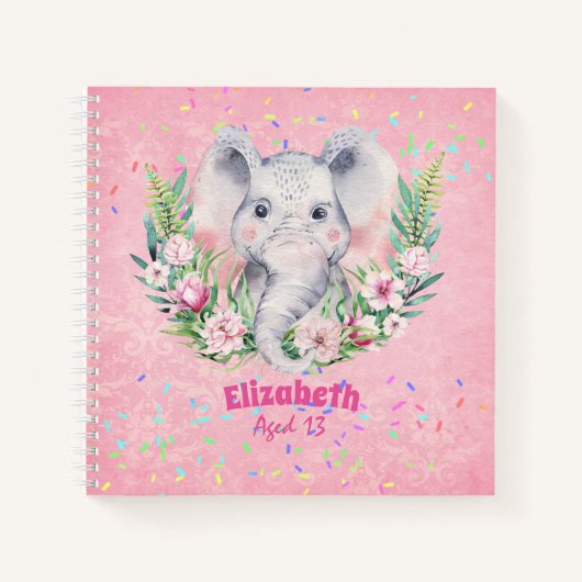 Sprinkles Elephant Boho Floral Girls NAMED Gift Notitieboek (Voorkant)