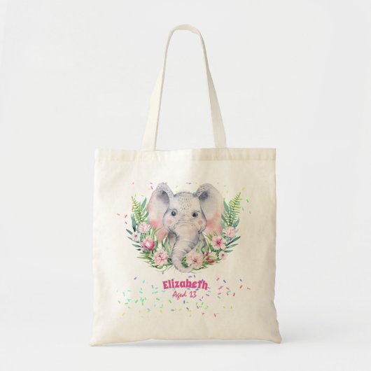 Sprinkles Elephant Boho Floral Girls NAMED Gift Tote Bag (Voorkant)