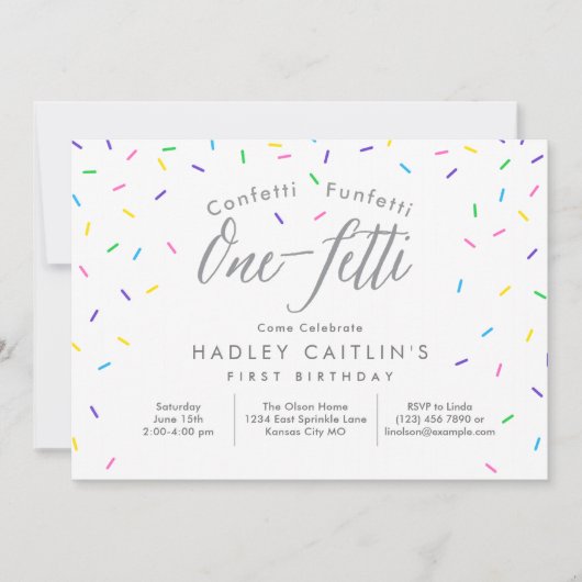 Sprinkles First Birthday Invitation, Cute confetti Kaart (Voorkant)