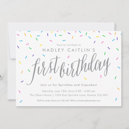 Sprinkles First Birthday Invitation, Cute & Modern Kaart (Voorkant)