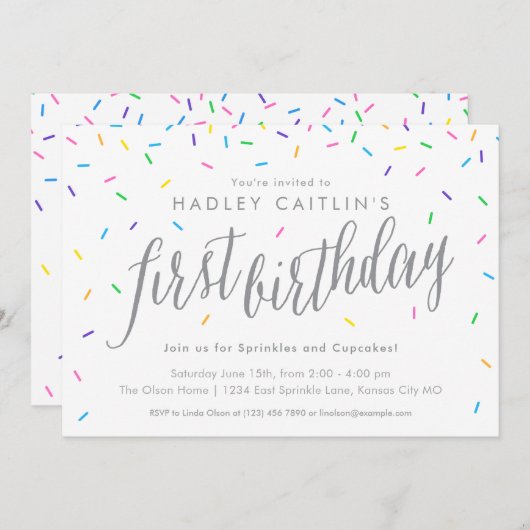 Sprinkles First Birthday Invitation, Cute & Modern Kaart (Voorkant / Achterkant)