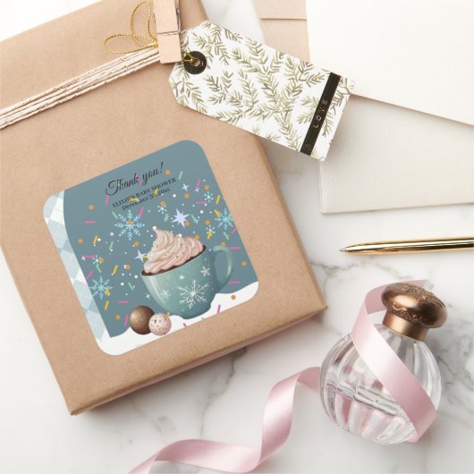 Sprinkles Hot Cocoa Winter Snowflakes Baby shower Vierkante Sticker (Geschenken)