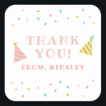 Sprinkles Kids Birthday Party Dank je Vierkante Sticker<br><div class="desc">Een feestelijke verjaardagsfeestdag bedankt je voor je sticker met regenboogsproinkles en handgetekende petten.</div>