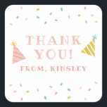 Sprinkles Kids Birthday Party Dank je Vierkante Sticker<br><div class="desc">Een feestelijke verjaardagsfeestdag bedankt je voor je sticker met regenboogsproinkles en handgetekende petten.</div>