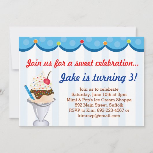 Sprinkles op top-Ice Cream Party-uitnodiging (blau Kaart (Voorkant)