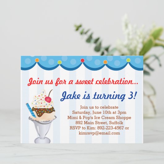 Sprinkles op top-Ice Cream Party-uitnodiging (blau Kaart (Staand voorkant)