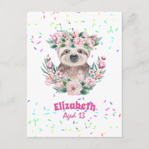 Sprinkles SLOTH Boho Girls Pink Flowers Gifts Cute Briefkaart
