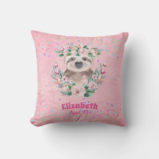 Sprinkles SLOTH Boho Girls Pink Flowers Gifts Cute Kussen (Voorkant)