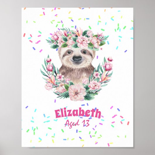 Sprinkles SLOTH Boho Girls Pink Flowers Gifts Cute Poster (Voorkant)