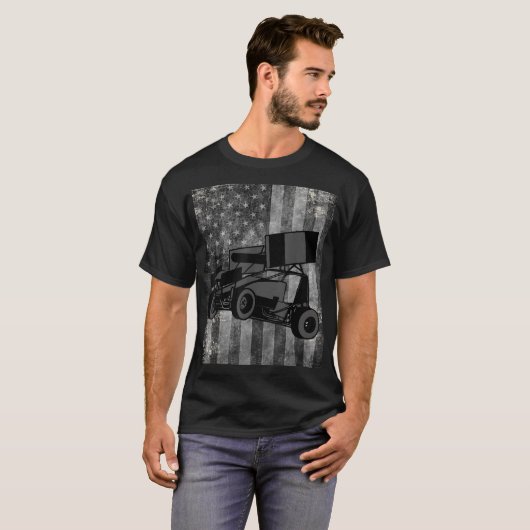 Sprint Car Racing Black Grey American Flag Dirt Tr T-shirt (Voorkant volledig)