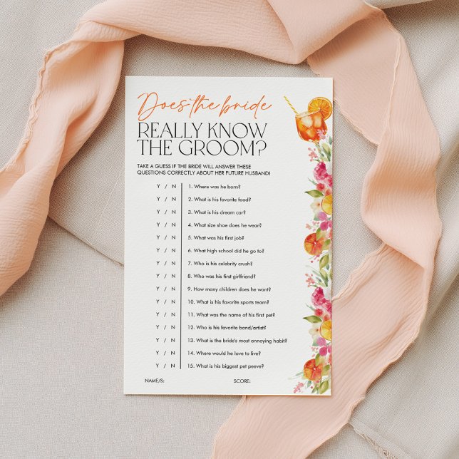 Spritz Citrus Bruiloft Spellen Bruid Kent Bruidego (Does the Bride really know the groom? First spritz Bridal Shower Game )