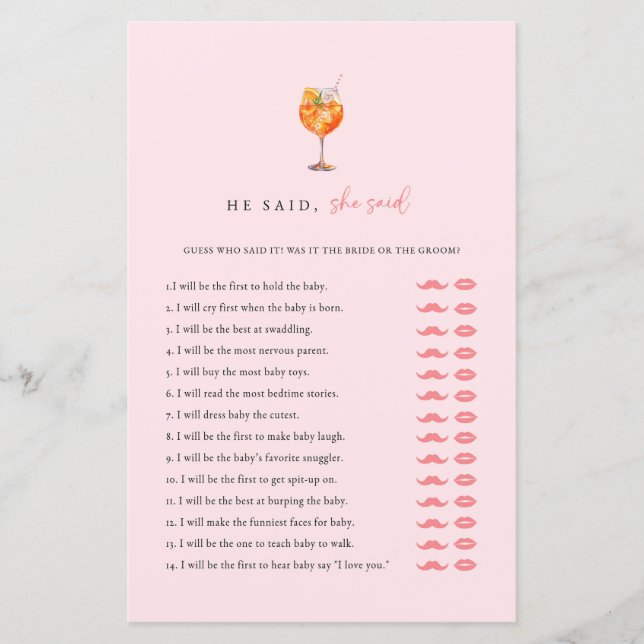 Spritz He Said She Said Bridal Shower Game Card (Voorkant)