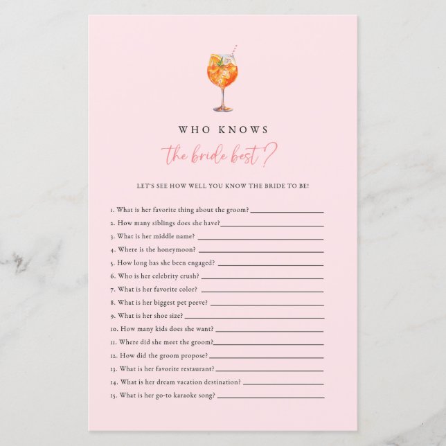 Spritz Who Knows The Bride Best Bridal Shower Game (Voorkant)