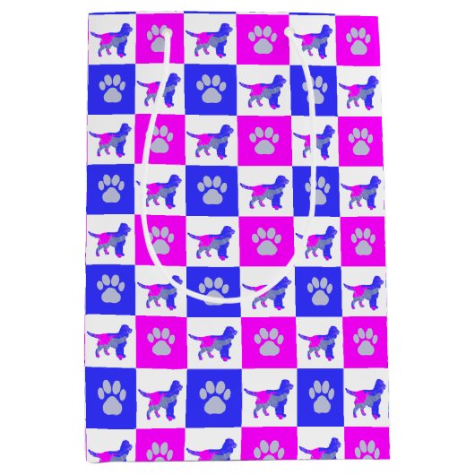Sprocker Spaniel Dog & Paw Print Hot Pink & Blue Medium Cadeauzakje (Voorkant)
