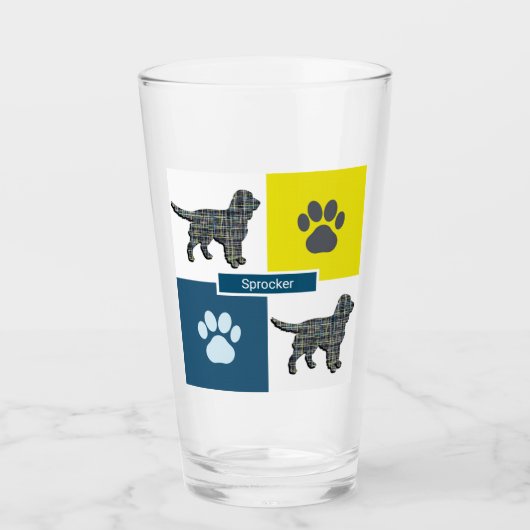 Sprocker Spaniel Dog Silhouette & Paw Y&B Grid Glas (Voorkant)