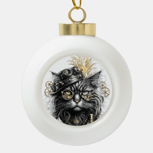 Sprocket-Paws De Funky Steampunk Kat Keramische Bal Ornament (Voorkant)