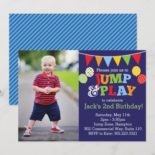 Sprong en ballonnen fotouitnodiging (Navy Blue) Kaart (Voorkant / Achterkant)
