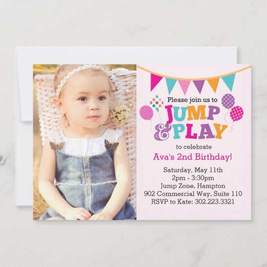 Sprong & Speel Balloons Fotouitnodiging (roze) Kaart (Voorkant)