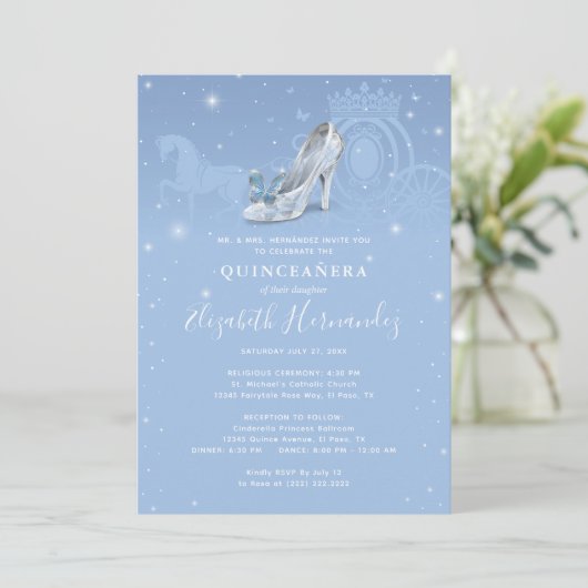 Sprookje Baby Blauw Zilver Assepoester Quinceanera Kaart (Staand voorkant)