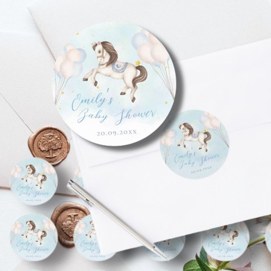 Sprookje baby Pony Blauwe ballon sterrendouche Ronde Sticker