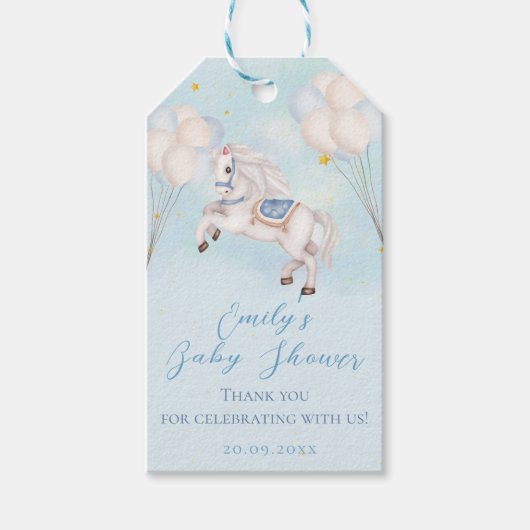 Sprookje baby Pony Blauwe ballonnen sterren Douche Cadeaulabel (Voorkant)