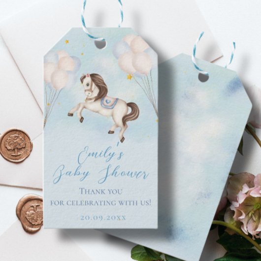 Sprookje baby Pony Blauwe ballonnen sterren Douche Cadeaulabel