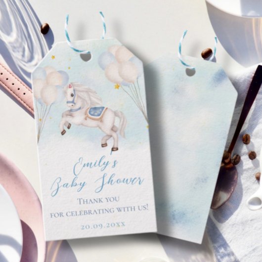 Sprookje baby Pony Blauwe ballonnen sterren Douche Cadeaulabel