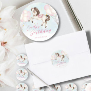 Sprookje baby Pony roze ballonnen ster Verjaardag Ronde Sticker