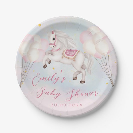 Sprookje baby Pony roze ballonnen sterren Douche Papieren Bordje (Voorkant)