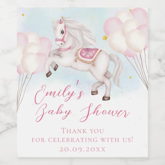 Sprookje baby Pony roze ballonnen sterren Douche W Wijn Etiket (Enkel label)