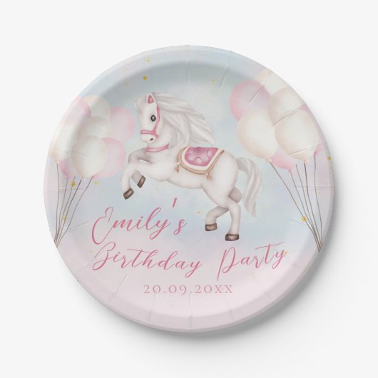 Sprookje baby Pony roze ballonnen sterren Verjaard Papieren Bordje (Voorkant)