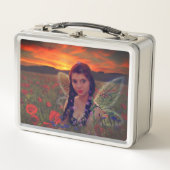 Sprookje bij zonsondergang in een veld van klaproz (Voorkant)