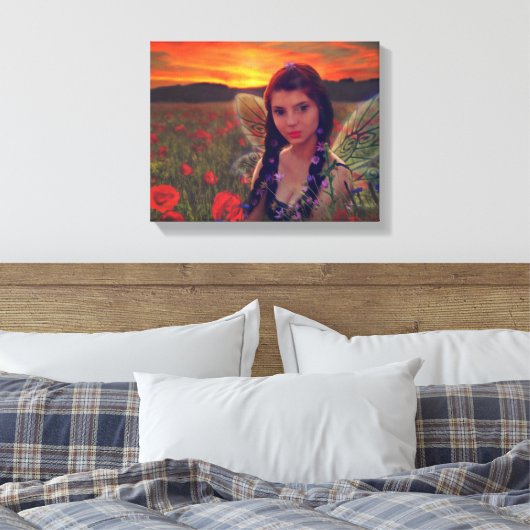 Sprookje bij zonsondergang in een veld van klaproz canvas afdruk (Insitu (Slaapkamer))