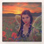 Sprookje bij zonsondergang in een veld van klaproz glazen onderzetter (Voorkant)