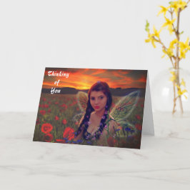 Sprookje bij zonsondergang in een veld van klaproz kaart