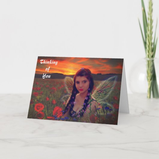 Sprookje bij zonsondergang in een veld van klaproz kaart (Voorkant)