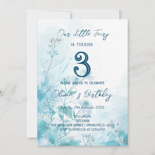 Sprookje Blauwe Bloemen Kinderen Verjaardagsfeest Kaart (Voorkant)