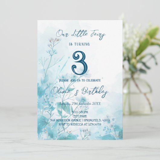 Sprookje Blauwe Bloemen Kinderen Verjaardagsfeest Kaart (Staand voorkant)